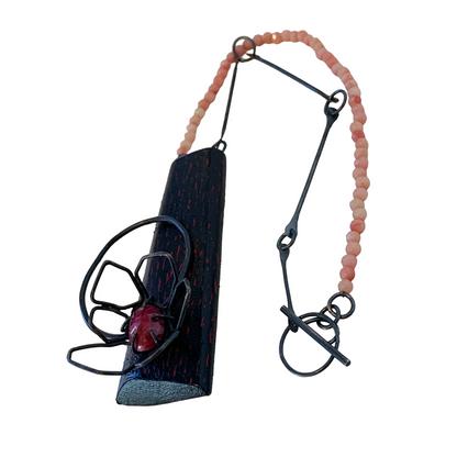 LOIS HAYES | ‘Flower Neckpiece’ | hand painted wood | oxidized sterling silver / natural untreated ruby + rose quartz