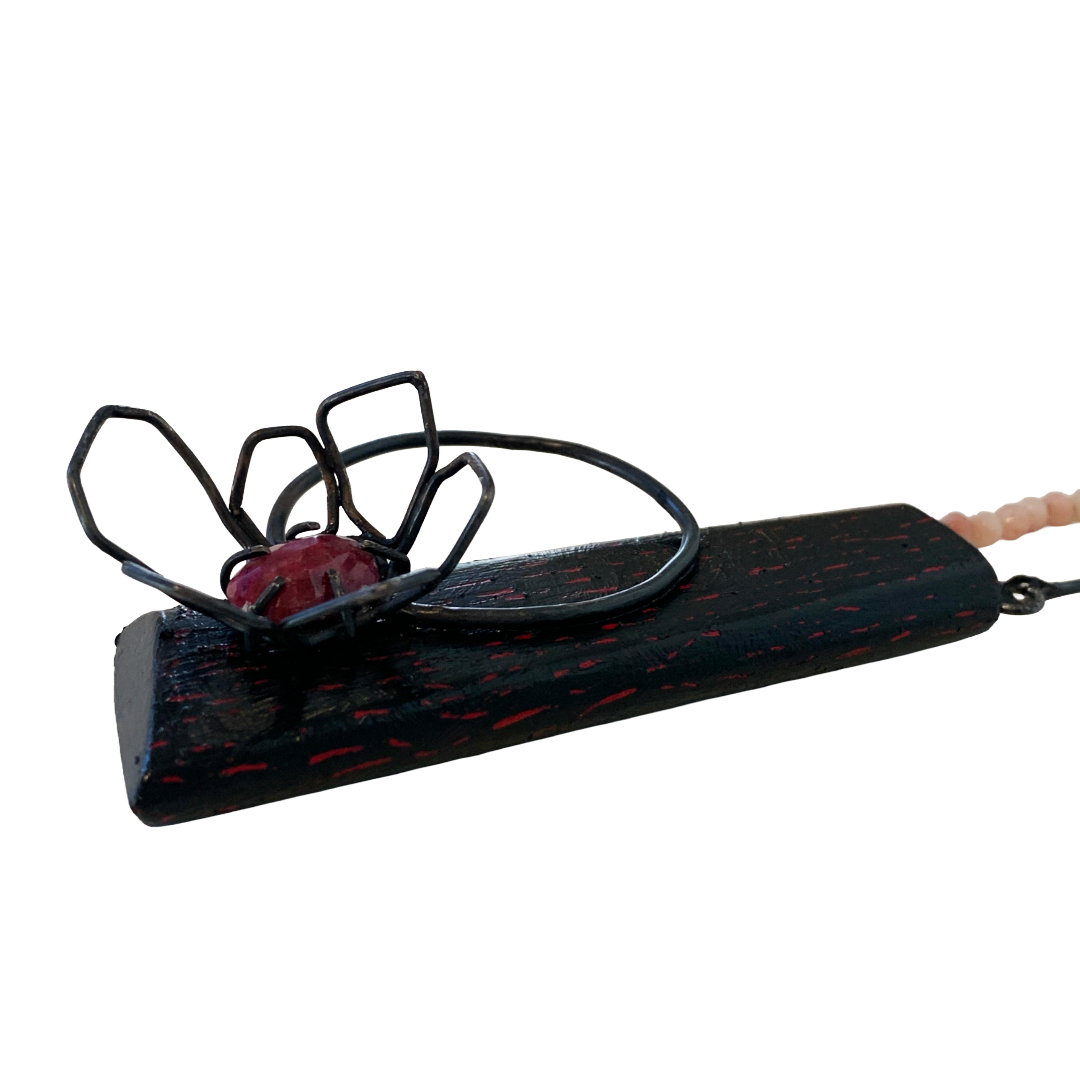 LOIS HAYES | ‘Flower Neckpiece’ | hand painted wood | oxidized sterling silver / natural untreated ruby + rose quartz