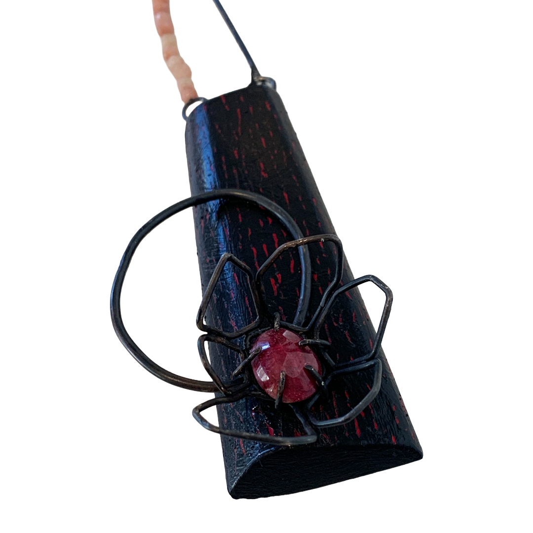 LOIS HAYES | ‘Flower Neckpiece’ | hand painted wood | oxidized sterling silver / natural untreated ruby + rose quartz