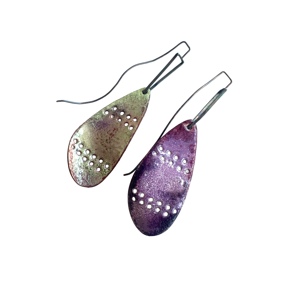 LOIS HAYES DESIGNS | ‘Wing Collection – Two Tone Earrings' | Oxidised silver / purple + green enamel