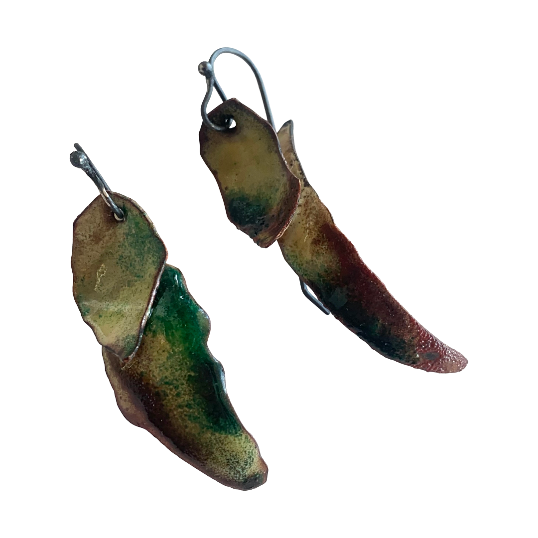 LOIS HAYES DESIGNS | ‘Summer Collection – Leaves Earrings #1 ' | Oxidised silver / purple + green enamel