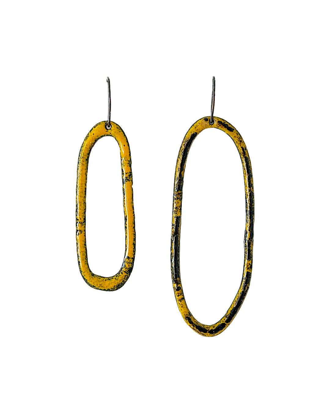LOIS HAYES DESIGNS | ‘Summer Collection – Wonky Orb Earrings’ | Yellow enamel on copper / oxidised silver