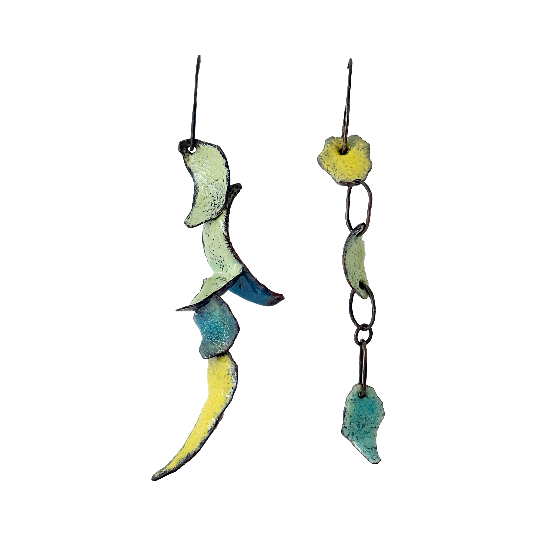 LOIS HAYES DESIGNS | ‘Summer Collection – Shades of Weatherboard Earrings’ | Green / blue / yellow enamel on copper + oxidised silver