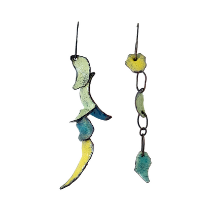 LOIS HAYES DESIGNS | ‘Summer Collection – Shades of Weatherboard Earrings’ | Green / blue / yellow enamel on copper + oxidised silver