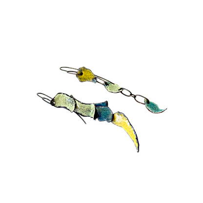 LOIS HAYES DESIGNS | ‘Summer Collection – Shades of Weatherboard Earrings’ | Green / blue / yellow enamel on copper + oxidised silver