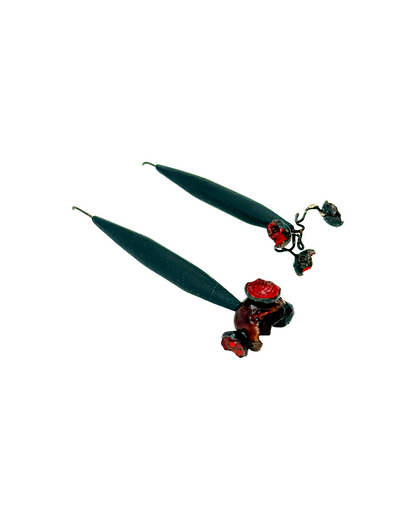 LOIS HAYES DESIGNS | ‘Summer Collection – Red Orbit Earrings’ | Upcycled skirting board / red enamel on copper / oxidised silver