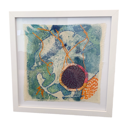 MARY JACQUIER | 'Threads #1' - White Frame | 2026 | textile artwork | acrylic on calico + cotton/acrylic thread