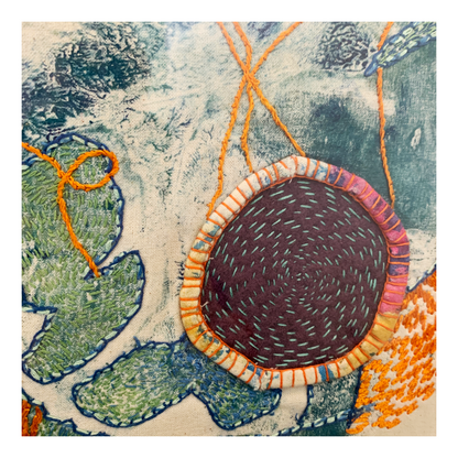 MARY JACQUIER | 'Threads #1' - White Frame | 2026 | textile artwork | acrylic on calico + cotton/acrylic thread