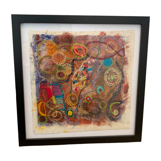 MARY JACQUIER | 'Threads #2' - Black Frame | 2026 | textile artwork | acrylic on calico + cotton/acrylic thread