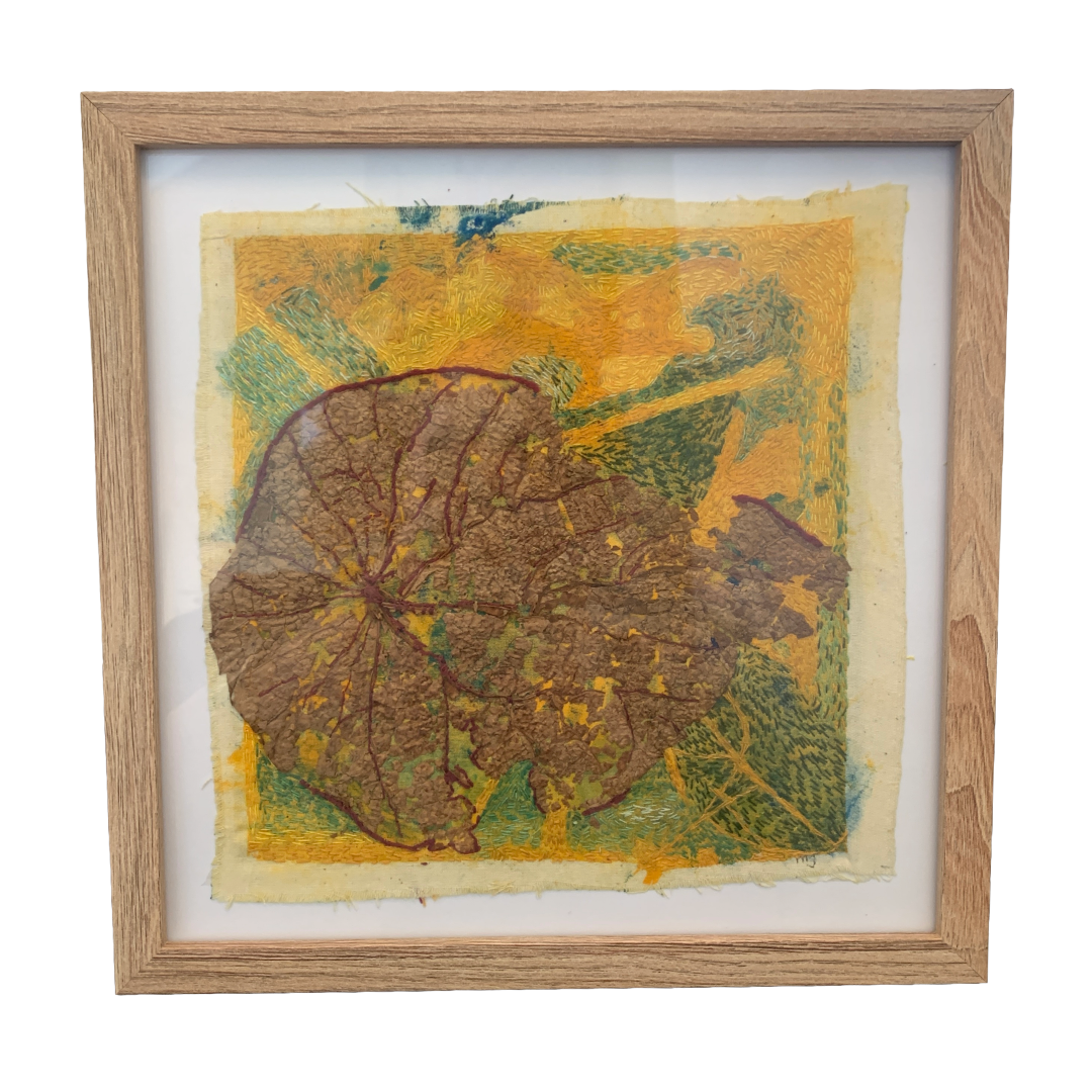 MARY JACQUIER | 'Threads #3' - Natural Frame | 2026 | textile artwork | dried leaf, acrylic on calico + cotton/acrylic thread