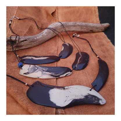 MALKI STUDIO | ‘Orca Collection necklace 2’ | Handmade black & white clay | silk thread + 14crt gold bead | fine silver and sterling silver