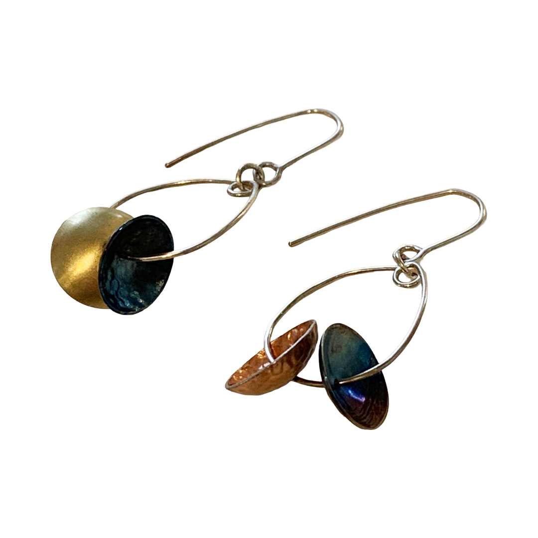 ALISON McDONALD | ‘Aliware Marion Earrings’ | Embossed on reclaimed titanium & anodised aluminium saucepan lids | Sterling silver hooks