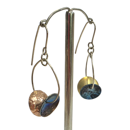 ALISON McDONALD | ‘Aliware Marion Earrings’ | Embossed on reclaimed titanium & anodised aluminium saucepan lids | Sterling silver hooks