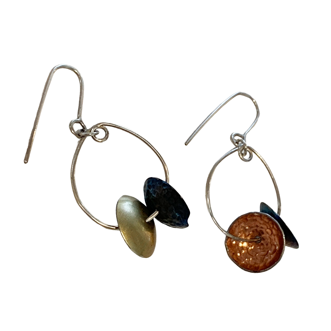 ALISON McDONALD | ‘Aliware Marion Earrings’ | Embossed on reclaimed titanium & anodised aluminium saucepan lids | Sterling silver hooks
