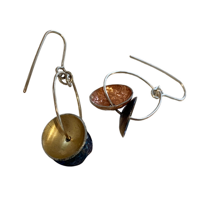 ALISON McDONALD | ‘Aliware Marion Earrings’ | Embossed on reclaimed titanium & anodised aluminium saucepan lids | Sterling silver hooks