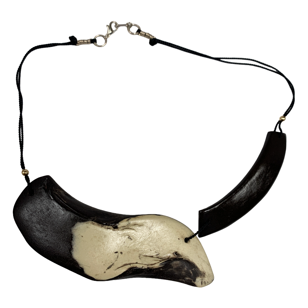 MALKI STUDIO | ‘Orca Collection necklace 1’ | Handmade black & white clay | silk thread+ 14 crt gold beads | silver and sterling silver
