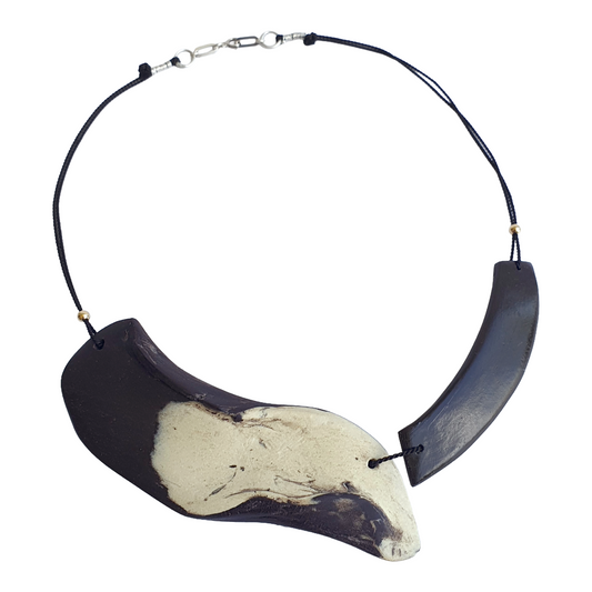 MALKI STUDIO | ‘Orca Collection necklace 1’ | Handmade black & white clay | silk thread+ 14 crt gold beads | silver and sterling silver