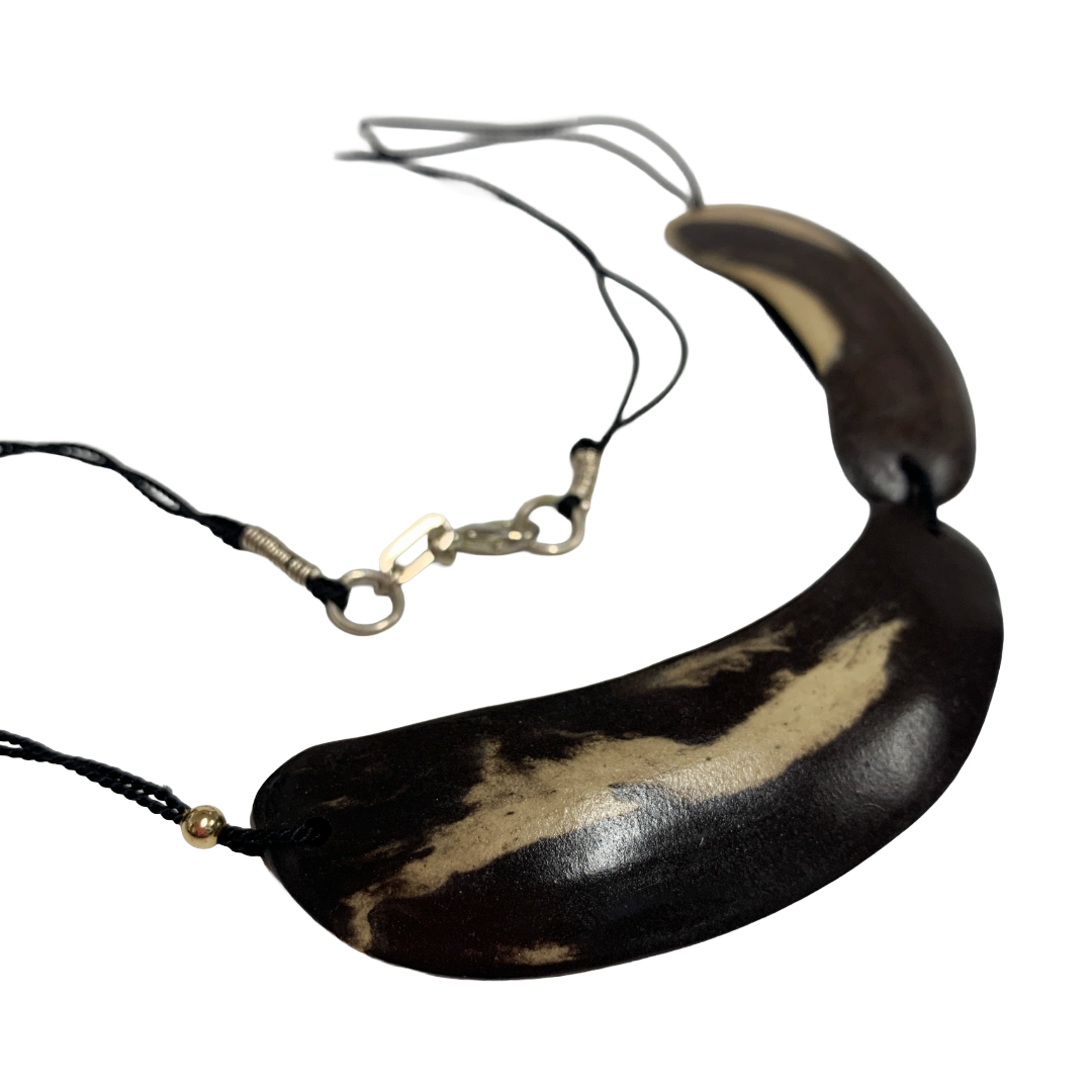 MALKI STUDIO | ‘Orca Collection necklace 2’ | Handmade black & white clay | silk thread + 14crt gold bead | fine silver and sterling silver
