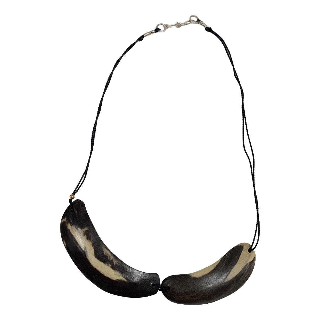 MALKI STUDIO | ‘Orca Collection necklace 2’ | Handmade black & white clay | silk thread + 14crt gold bead | fine silver and sterling silver