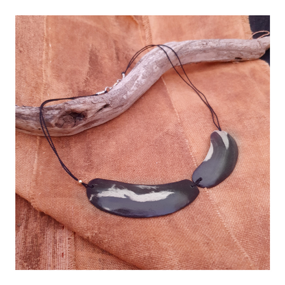 MALKI STUDIO | ‘Orca Collection necklace 2’ | Handmade black & white clay | silk thread + 14crt gold bead | fine silver and sterling silver
