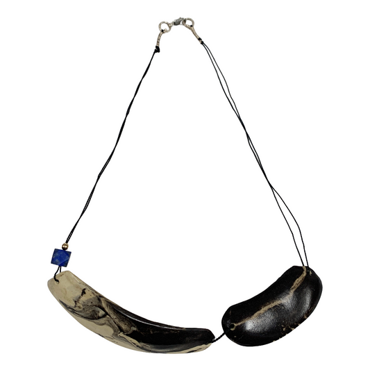 MALKI STUDIO | ‘Orca Collection necklace 3’ | Handmade, high fired black & white clay | silk thread, 14crt gold bead, Lapiz Lazuli bead | fine silver + sterling silver