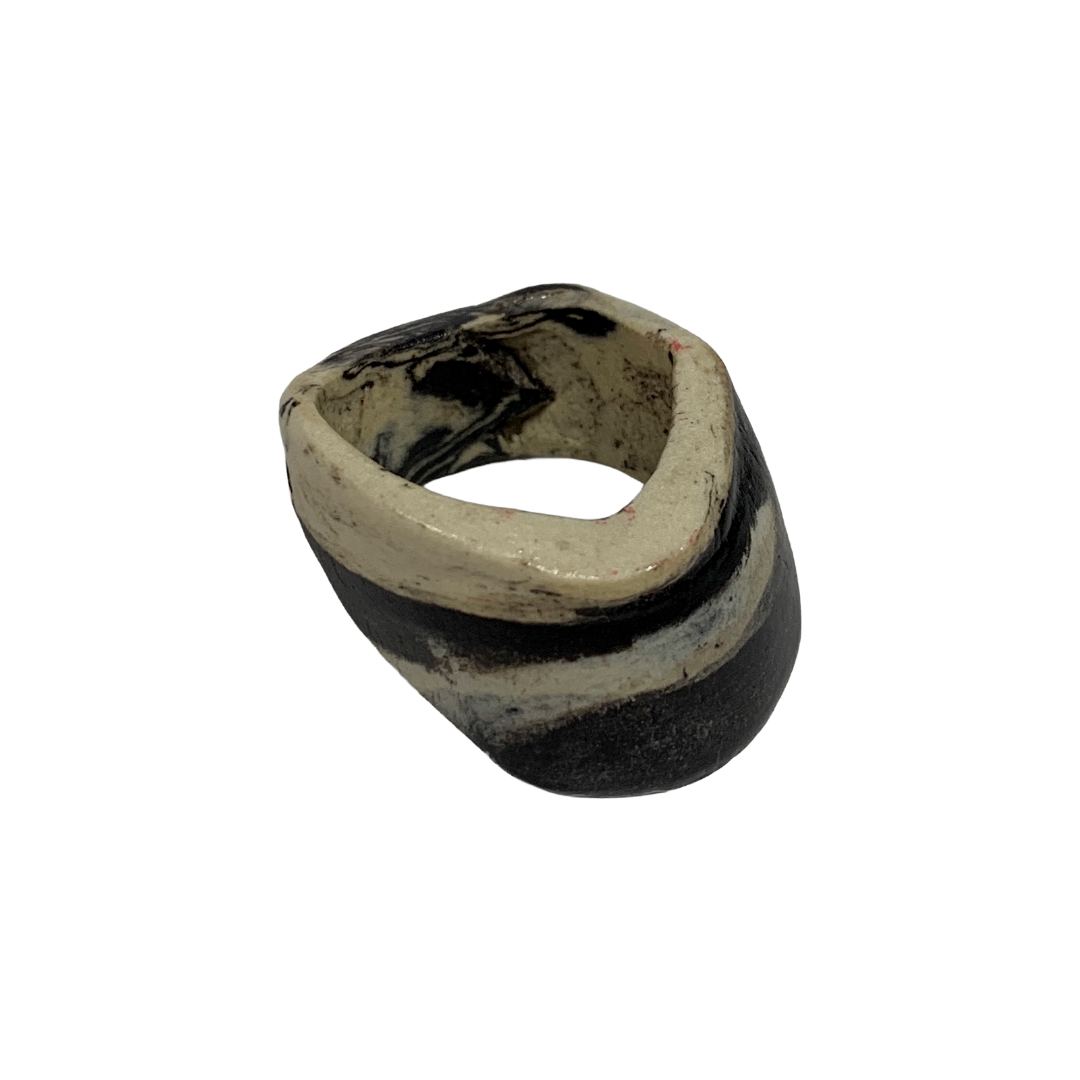 MALKI STUDIO | | ‘Basalt ring 2’ | Handmade high fired black & white clay