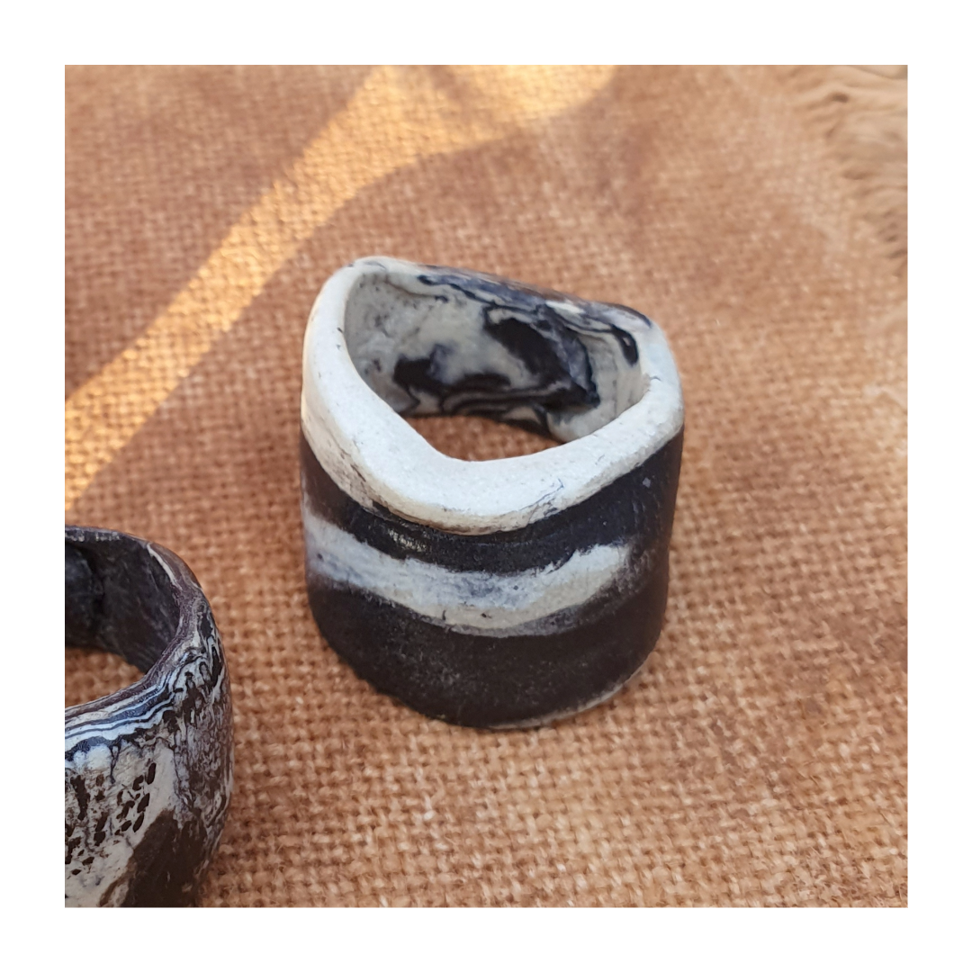 MALKI STUDIO | | ‘Basalt ring 2’ | Handmade high fired black & white clay