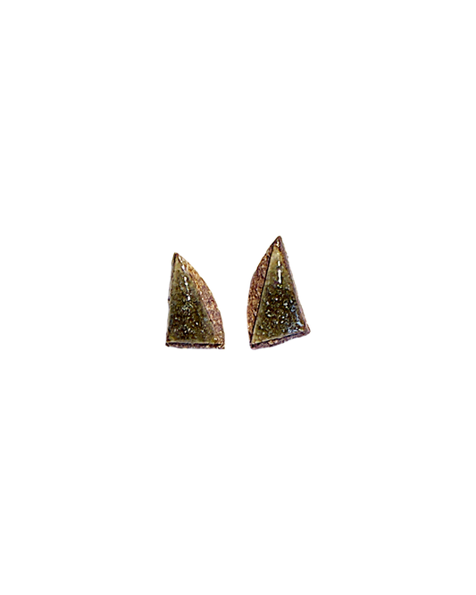 MISA. CO | ‘Moss-green Triangular Ceramic Stud Earrings’ | Smoke-fired / Japanese Clay / Surgical stainless steel fittings