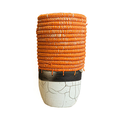 MONIQUE BURKHEAD | ‘Raku + Weave V’ | Raku ceramic glaze / orange raffia