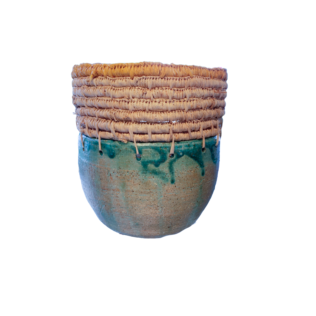 MONIQUE BURKHEAD | ‘Clay + Weave (IV)’ | Ceramic | Aqua glaze / natural raffia / mustard trim