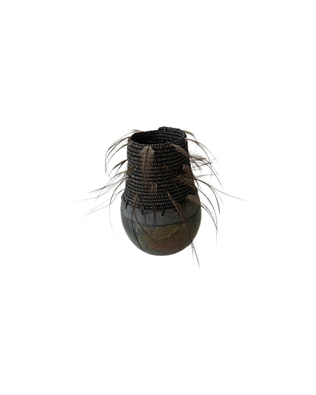 MONIQUE BURKHEAD | ‘Clay + Weave (1)’ | Raku glazed + fired ceramic / Raffia weaving / Emu + cassowary feathers