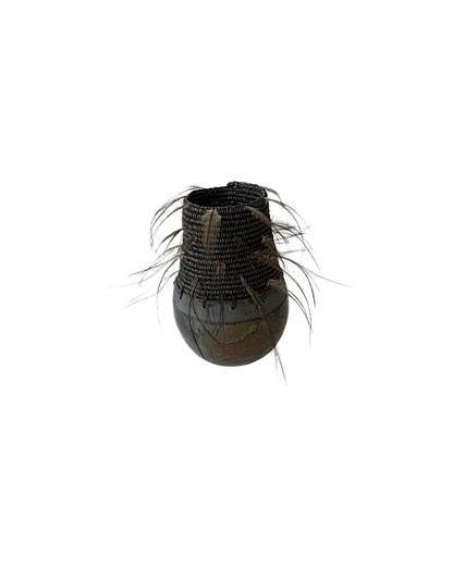 MONIQUE BURKHEAD | ‘Clay + Weave (1)’ | Raku glazed + fired ceramic / Raffia weaving / Emu + cassowary feathers