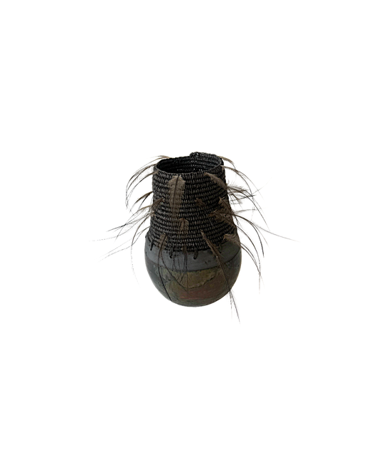 MONIQUE BURKHEAD | ‘Clay + Weave (1)’ | Raku glazed + fired ceramic / Raffia weaving / Emu + cassowary feathers