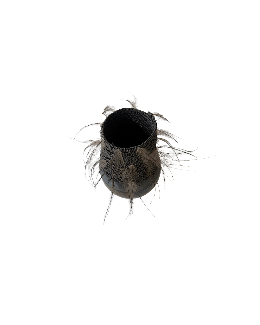 MONIQUE BURKHEAD | ‘Clay + Weave (1)’ | Raku glazed + fired ceramic / Raffia weaving / Emu + cassowary feathers