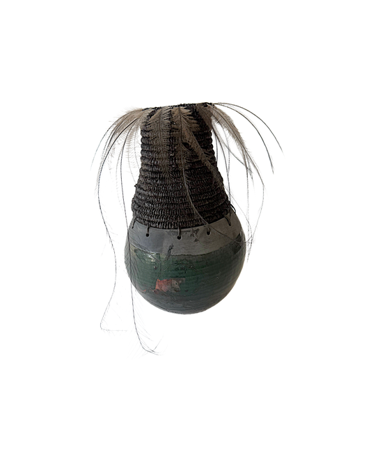 MONIQUE BURKHEAD | ‘Clay + Weave (2)’ | Raku glazed + fired ceramic / Raffia weaving / Emu + cassowary feathers