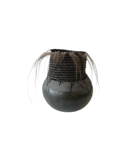 MONIQUE BURKHEAD | ‘Clay + Weave (3)’ | Raku glazed + fired ceramic / Raffia weaving / Emu + cassowary feathers