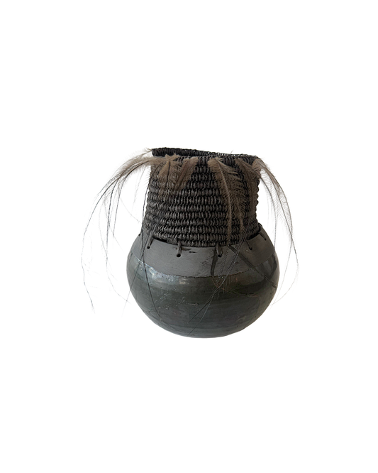 MONIQUE BURKHEAD | ‘Clay + Weave (3)’ | Raku glazed + fired ceramic / Raffia weaving / Emu + cassowary feathers