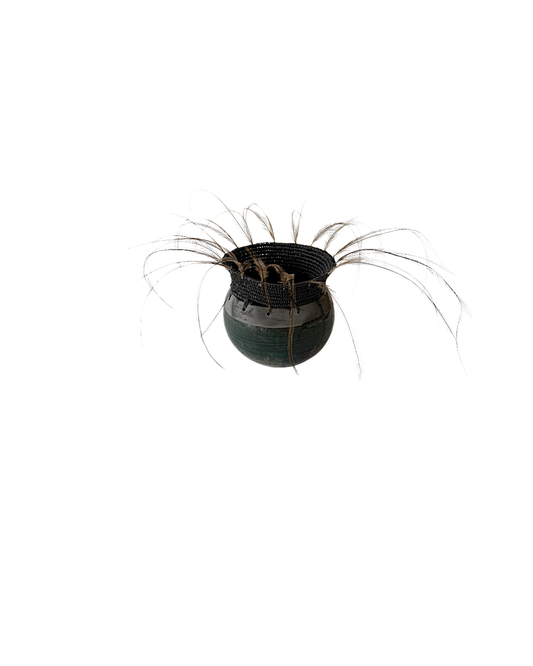 MONIQUE BURKHEAD | ‘Clay + Weave (4)’ | Raku glazed + fired ceramic / Raffia weaving / Emu + cassowary feathers