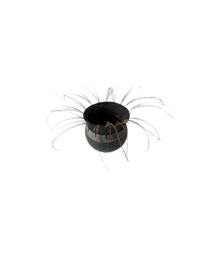 MONIQUE BURKHEAD | ‘Clay + Weave (4)’ | Raku glazed + fired ceramic / Raffia weaving / Emu + cassowary feathers