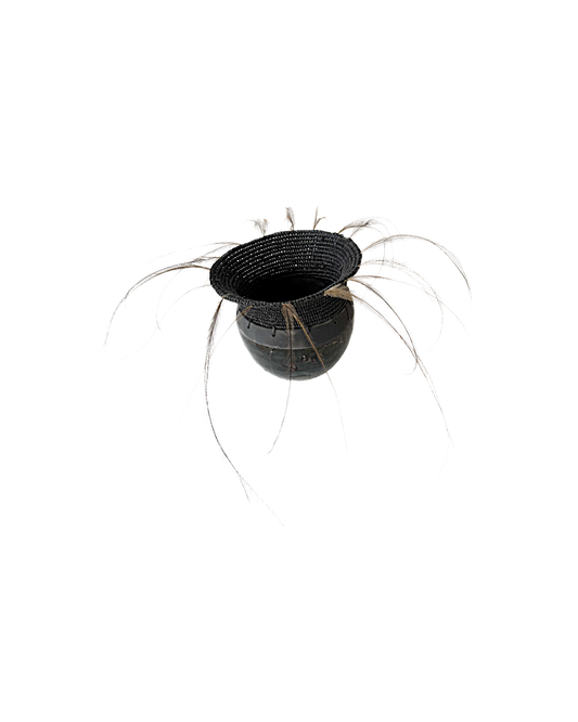 MONIQUE BURKHEAD | ‘Clay + Weave (5)’ | Raku glazed + fired ceramic / Raffia weaving / Emu + cassowary feathers