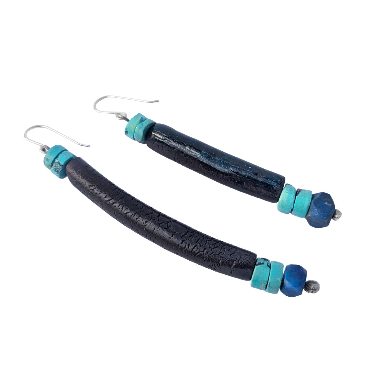 MALKI STUDIO | ‘Basalt Earrings' | Responsibly sourced sterling silver / titanium / black clay / lapis lazuli / turquoise beads