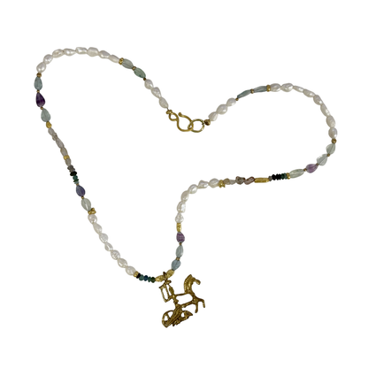 ARTIZ | ‘Chariot +  Roman Glass Necklace’ | Bronze / pearl / amethyst / tourmaline / glass
