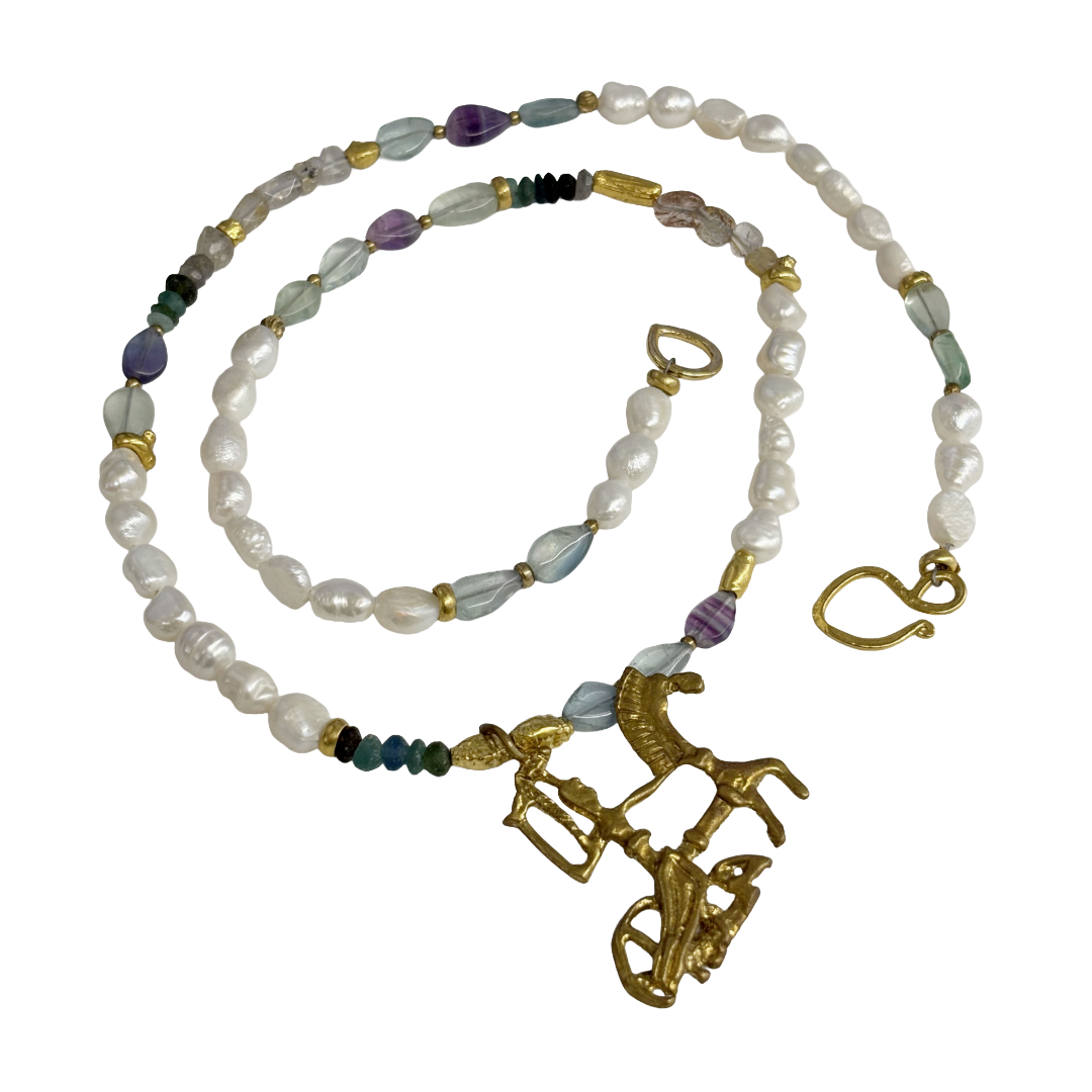 ARTIZ | ‘Chariot +  Roman Glass Necklace’ | Bronze / pearl / amethyst / tourmaline / glass