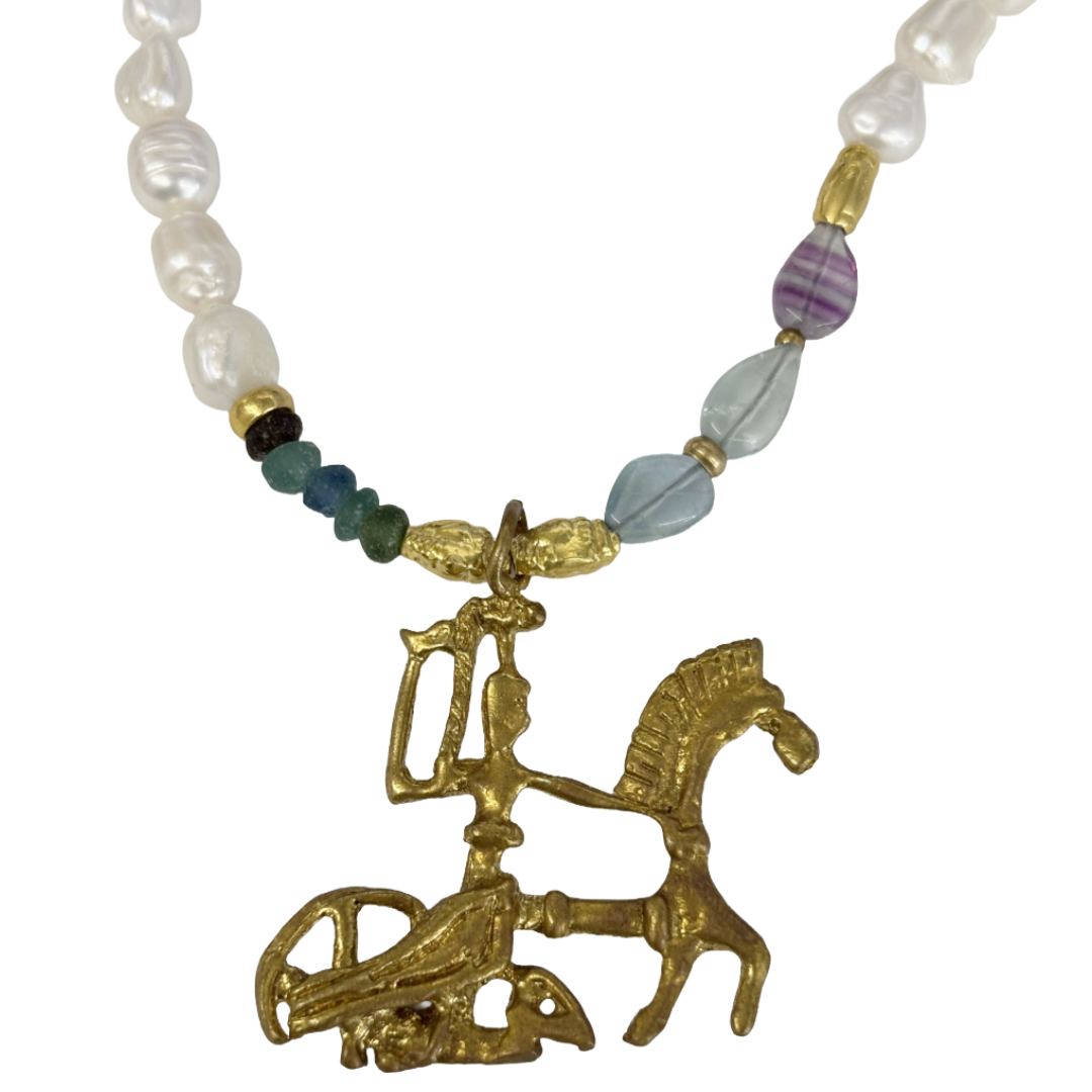 ARTIZ | ‘Chariot +  Roman Glass Necklace’ | Bronze / pearl / amethyst / tourmaline / glass