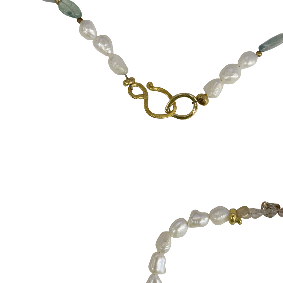 ARTIZ | ‘Chariot +  Roman Glass Necklace’ | Bronze / pearl / amethyst / tourmaline / glass