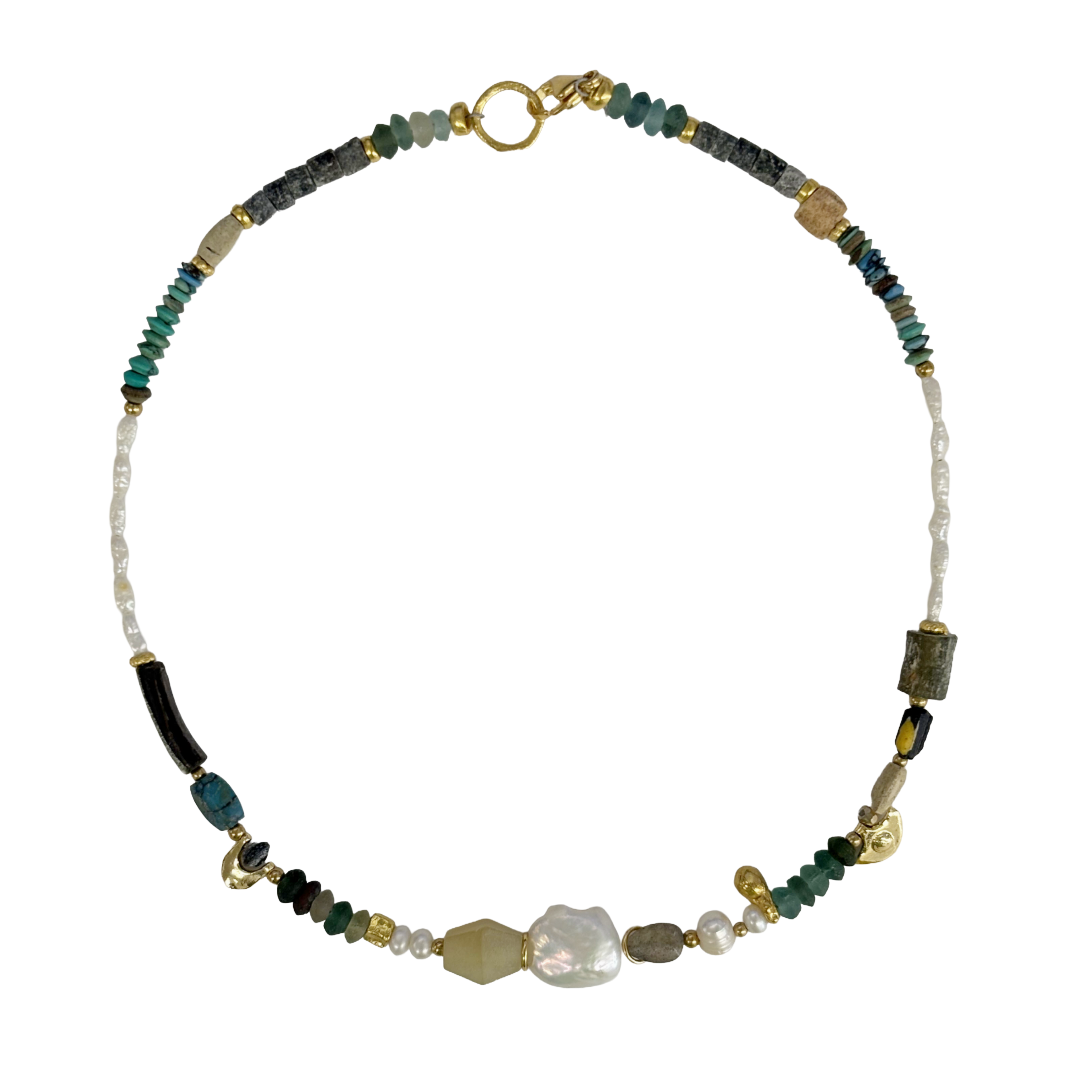 ARTIZ | ‘Mixed Media Necklace’- Pearl + Faceted Agate | Pearl / turquoise / fluorite / bronze