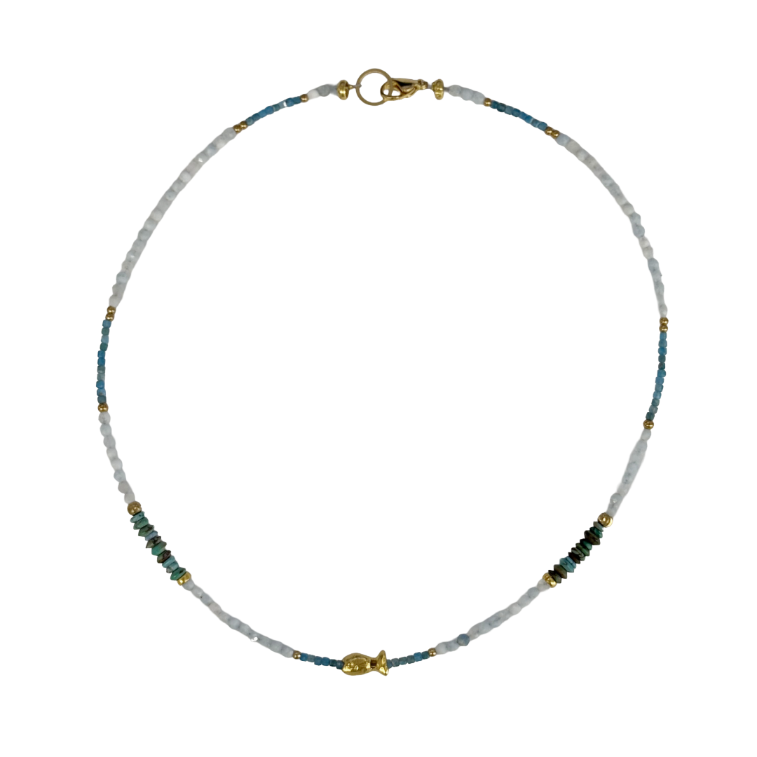 ARTIZ | ‘Blue Fish Necklace’- Fine Short | Bronze fish charm | aventurine / turquoise / bronze