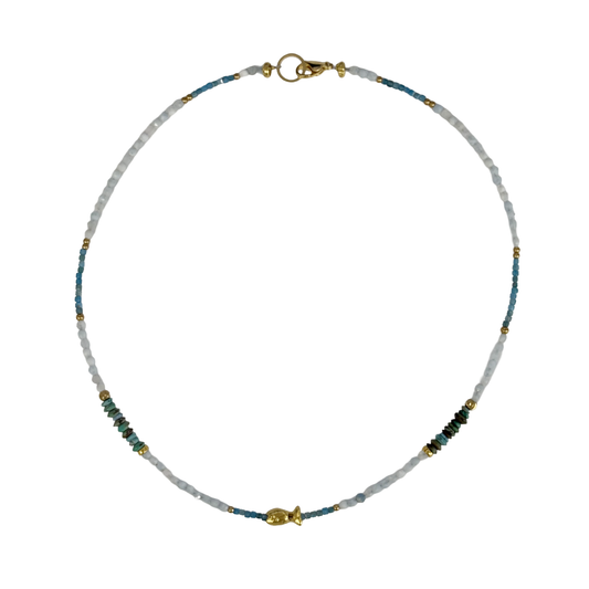 ARTIZ | ‘Blue Fish Necklace’- Fine Short | Bronze fish charm | aventurine / turquoise / bronze