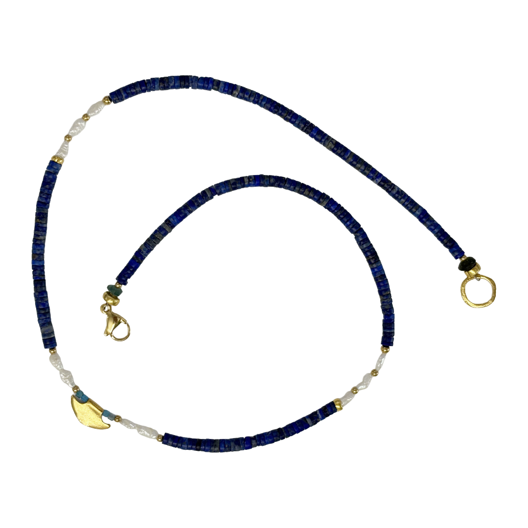 ARTIZ | ‘Blue Blade Necklace’- Fine Short | Bronze charm | Pearl / turquoise / sodalite / bronze