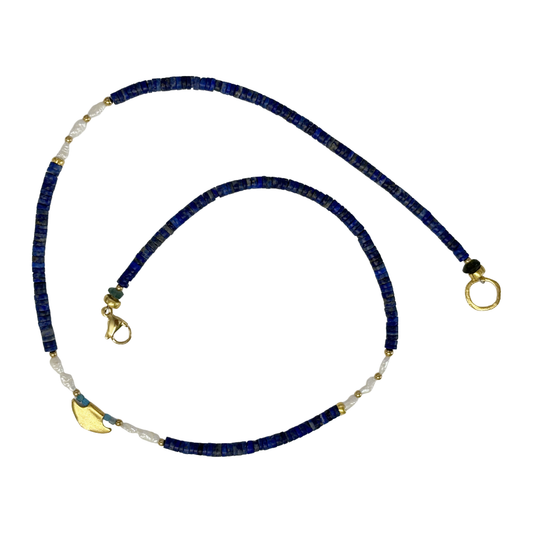 ARTIZ | ‘Blue Blade Necklace’- Fine Short | Bronze charm | Pearl / turquoise / sodalite / bronze